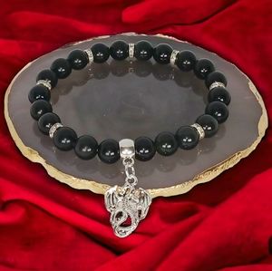 Black Obsidian Bracelet with Dragon Charm Artisan Made Dark Academia Gothic